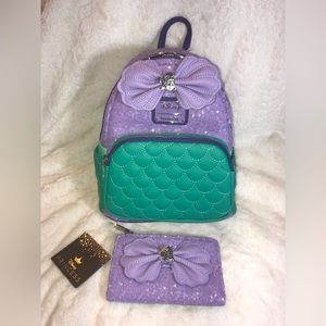 NWT Disney The Little Mermaid Ariel Sequin Loungefly Backpack and Wallet Set